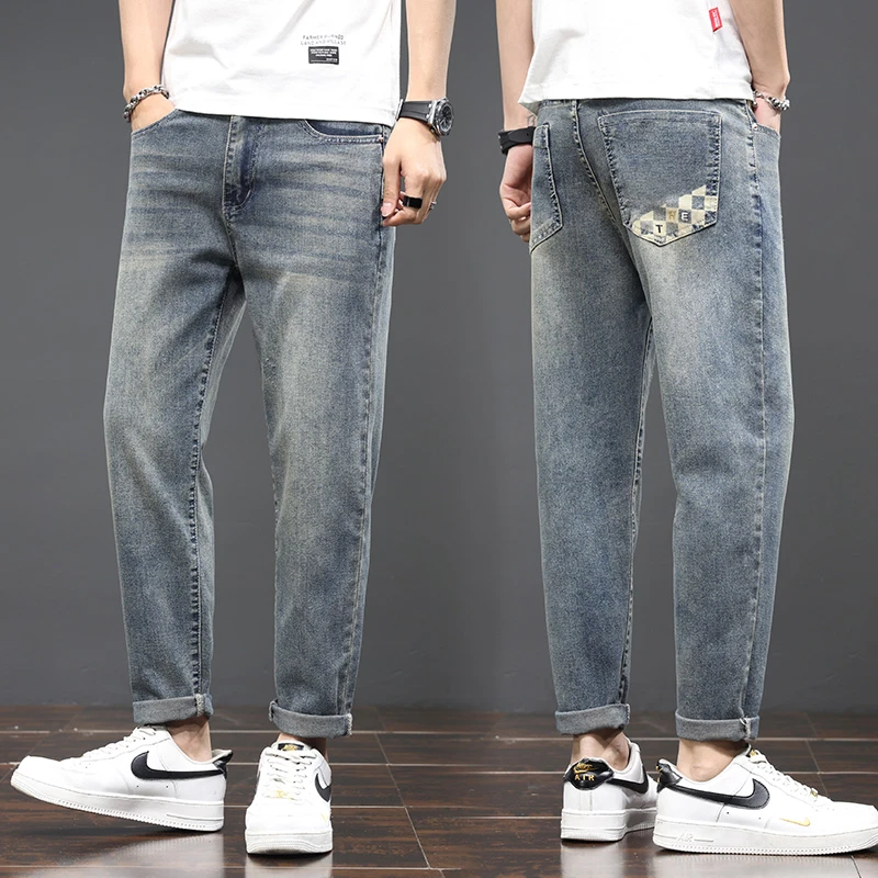 男夏季薄款弹力宽松直筒锥形裤子2024新款九分休闲裤子男牛仔裤子