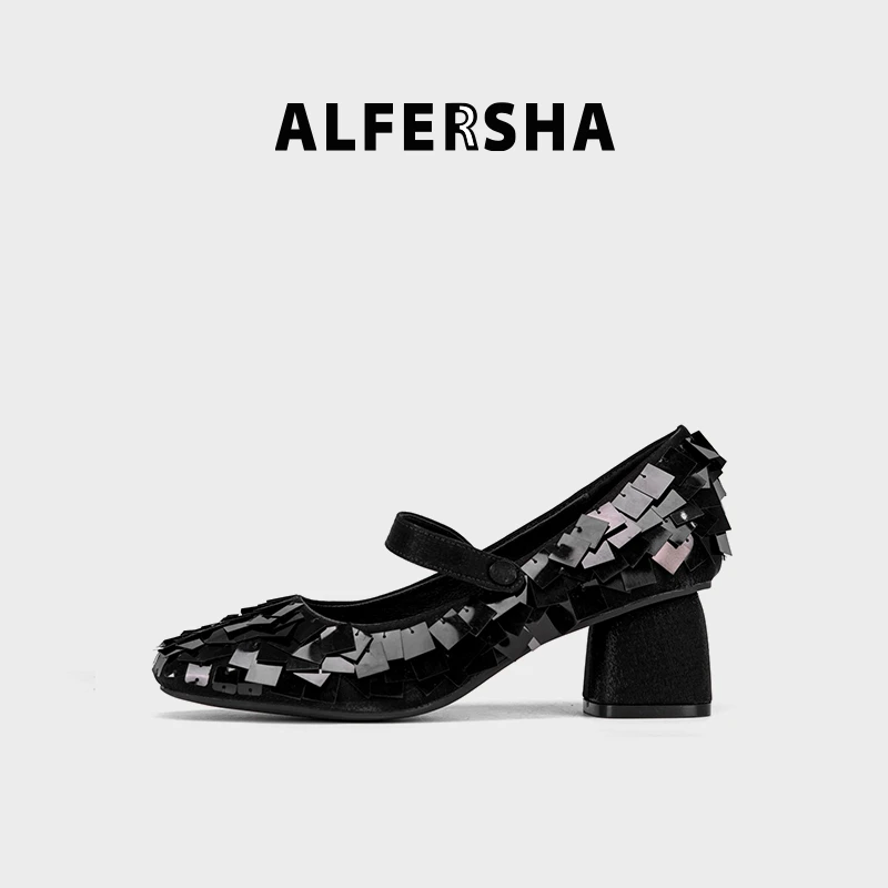 阿芙莎/ALFERSHA手工鞋10012夏季时尚鱼鳞粗跟气质包头时装凉鞋B