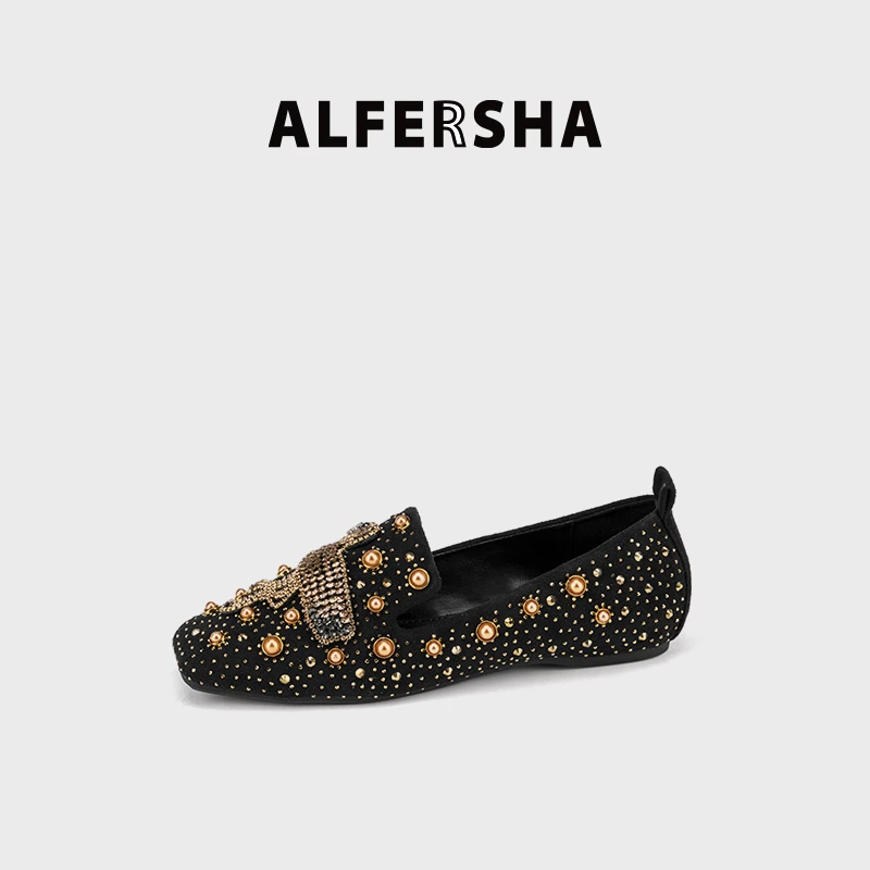 阿芙莎手工鞋5166新款火烈鸟珍珠烫钻铆钉平底鞋方头浅口单鞋