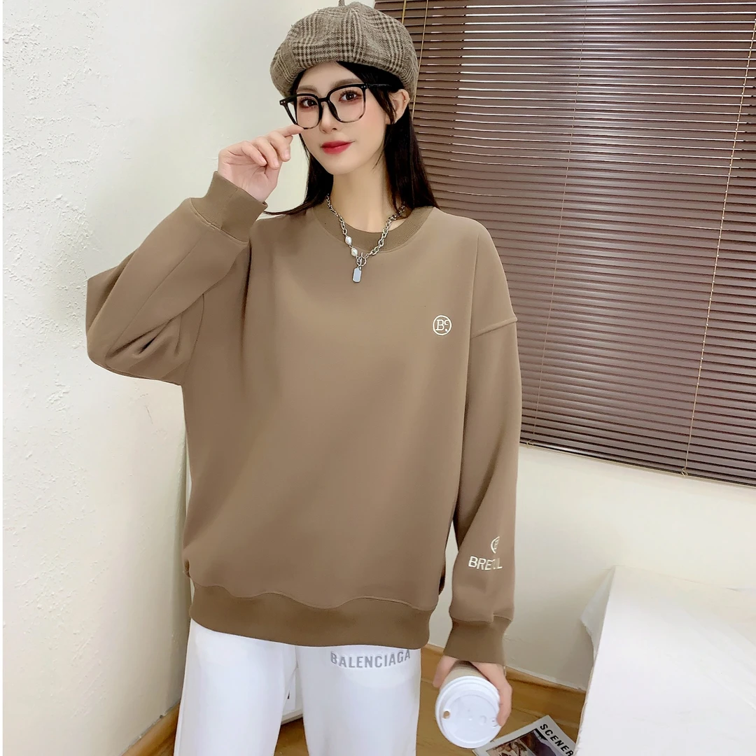 秋冬季加绒重工刺绣圆领女款卫衣简约大方韩版宽松欧货显瘦打底衫