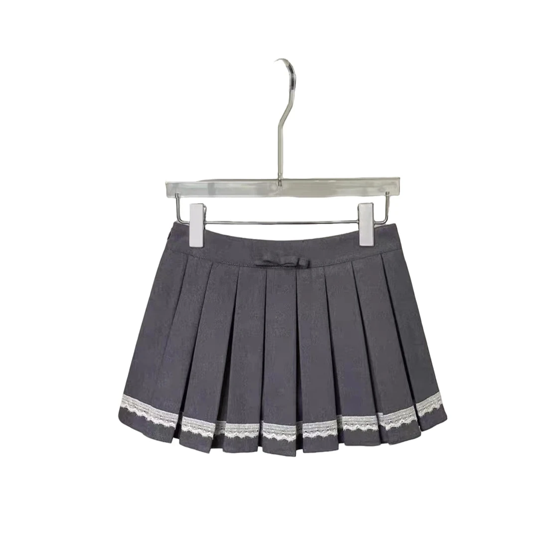 南油小众设计师冬季新品灰色蝴蝶结低腰百褶裙