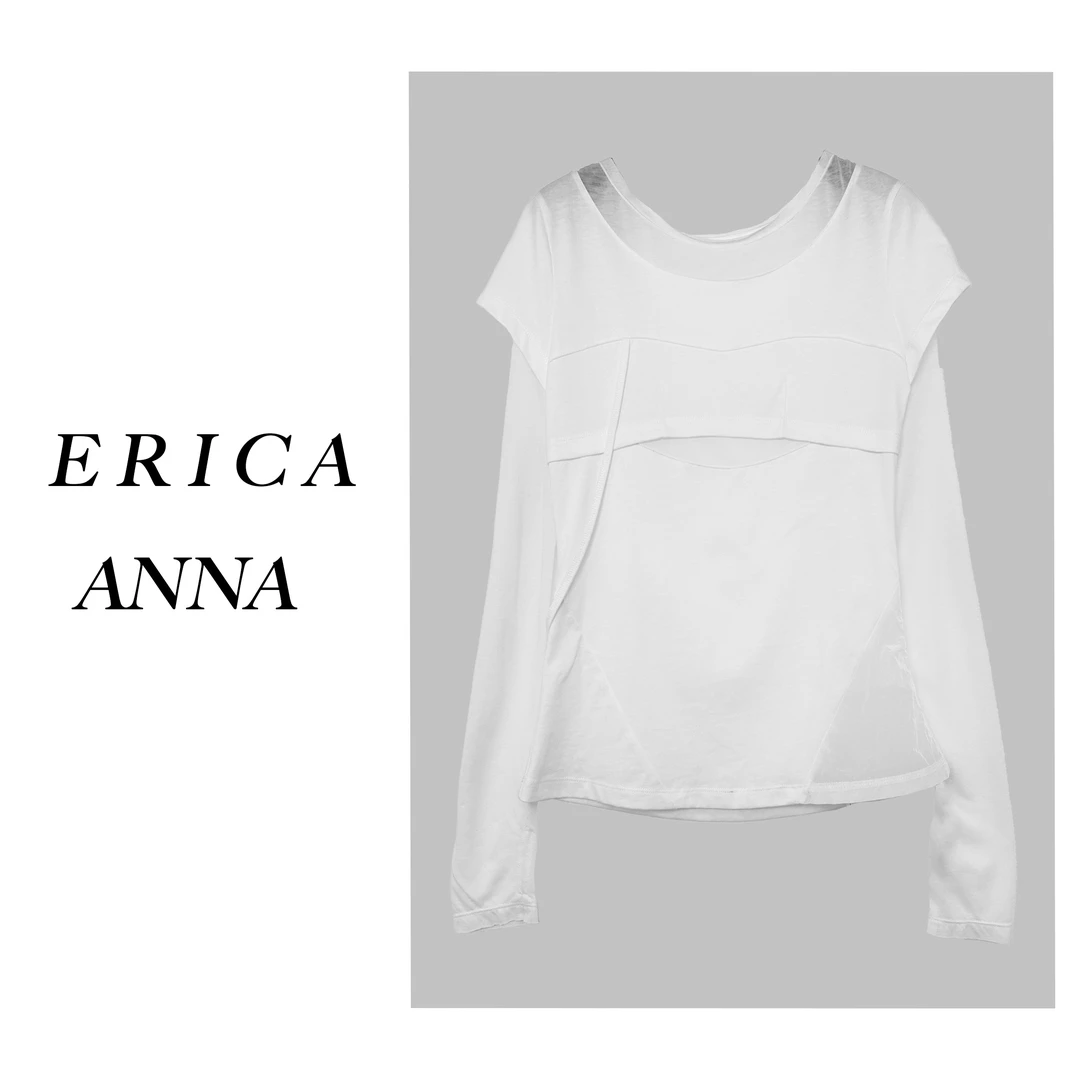 南油小众设计师新品撞色假两件不规则修身长袖T恤