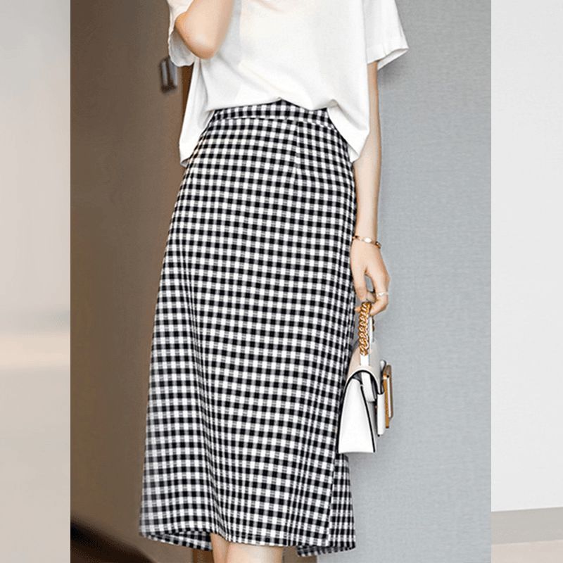 法式格纹a字显瘦半身裙女夏季新款轻熟设计感小众中长款高腰裙子