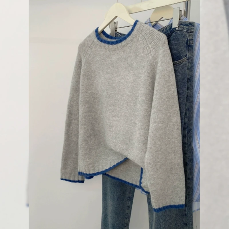 灰色拼色圆领套头毛衣女秋冬加厚内搭正肩打底衫高级感小个子上衣