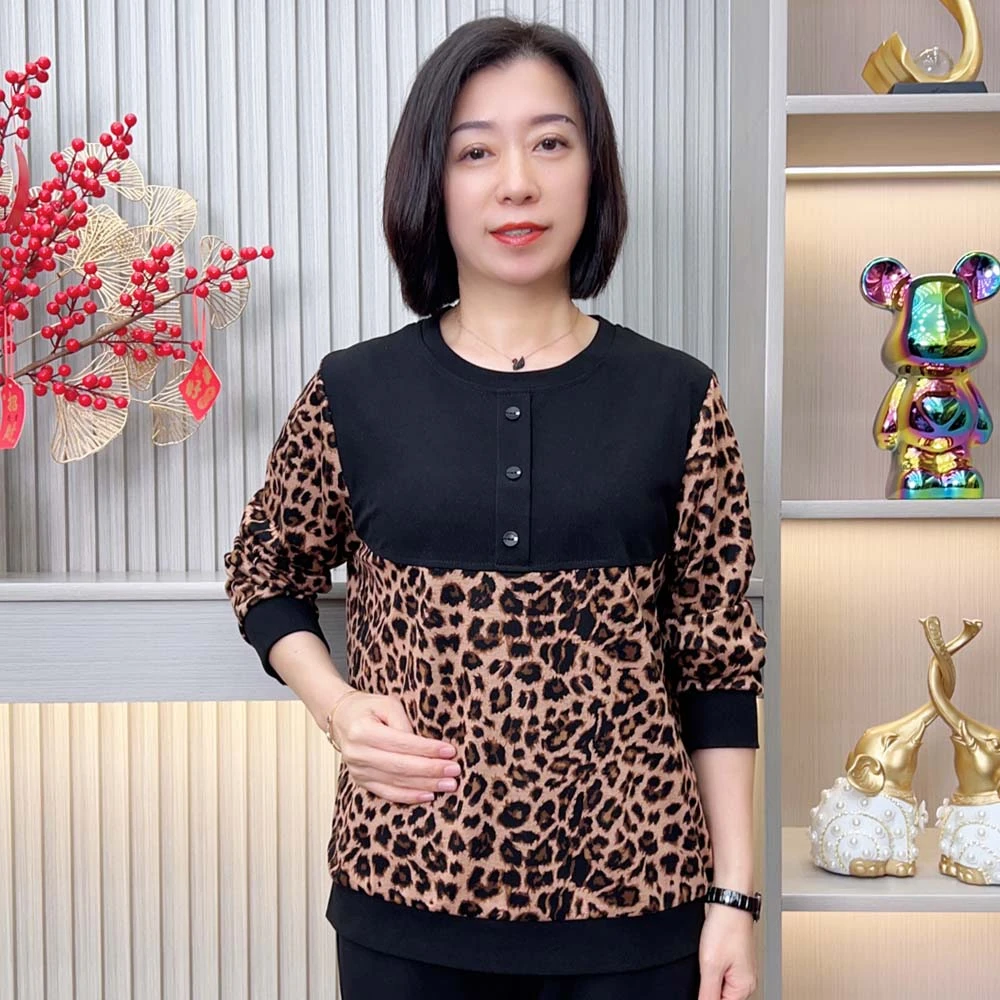 秋季新款洋气减龄百搭休闲宽松大码中老年妈妈装显瘦长袖圆领上衣