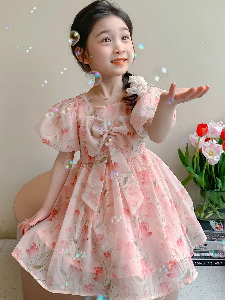 儿童连衣裙2024夏季新款女童洋气公主裙女宝宝宽松碎花泡泡袖裙子