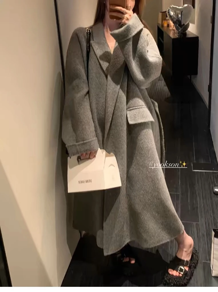 韩版2025新款长款双面羊毛大衣