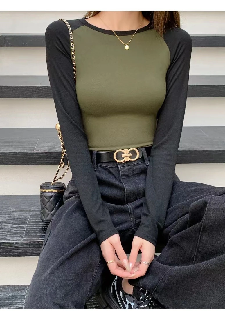 瑜伽T恤插肩袖圆领T恤女2023秋撞色上衣修身女秋季显瘦打底衫-003