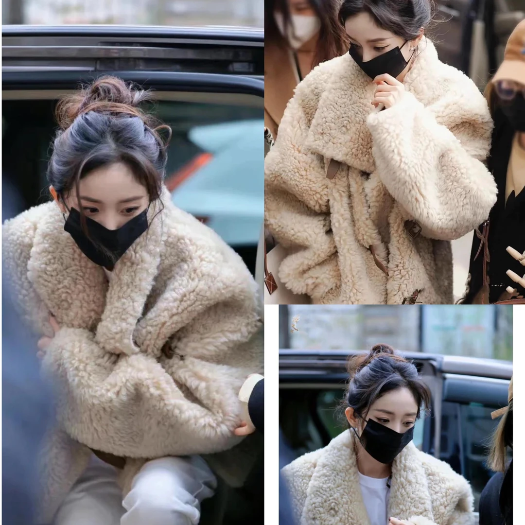 杨幂同款进口托斯卡纳羊皮毛一体外套女冬季保暖时尚大衣宽松