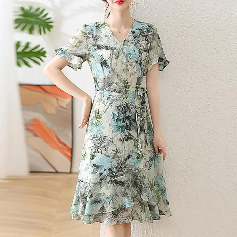 中年妈妈高端桑蚕丝连衣裙碎花水墨画女夏季新款大码气质雪纺长裙