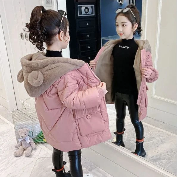 2023新款女童棉服加厚加绒冬装儿童中大童棉衣可爱中长款洋气外套