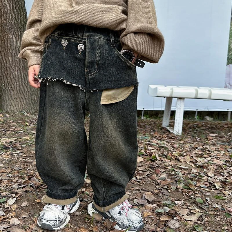 男童裤子一体绒牛仔裤冬装新款韩版拼接儿童秋冬加绒加厚牛仔长裤