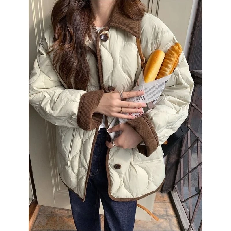 韩版小香风菱格棉服外套女冬季2024新款小个子短款棉衣宽松夹棉袄