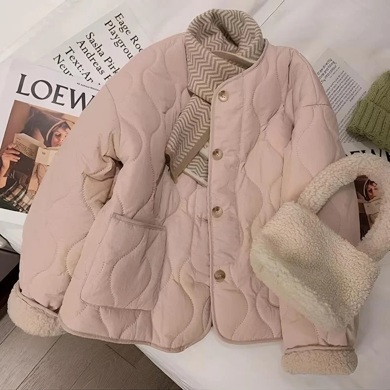 复古仿羊羔绒菱格棉服女2025冬季韩版加厚加绒圆领棉衣外套棉袄女