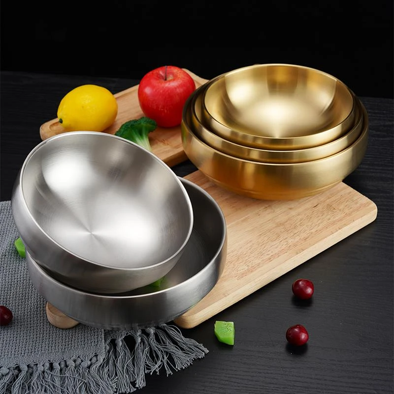 韩式不锈钢双层冷面碗金色米饭碗家用拌饭泡面碗隔热拌饭汤碗