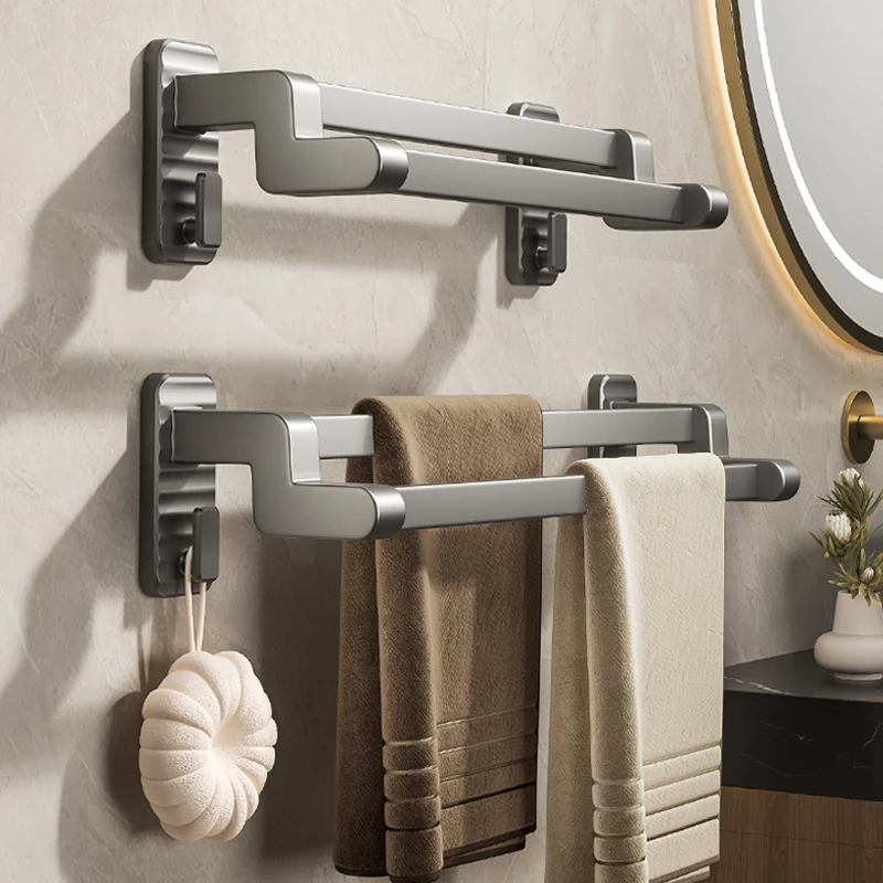 浴室毛巾架双杆枪灰免打孔卫生间挂毛巾杆多功能轻奢浴巾置物架子