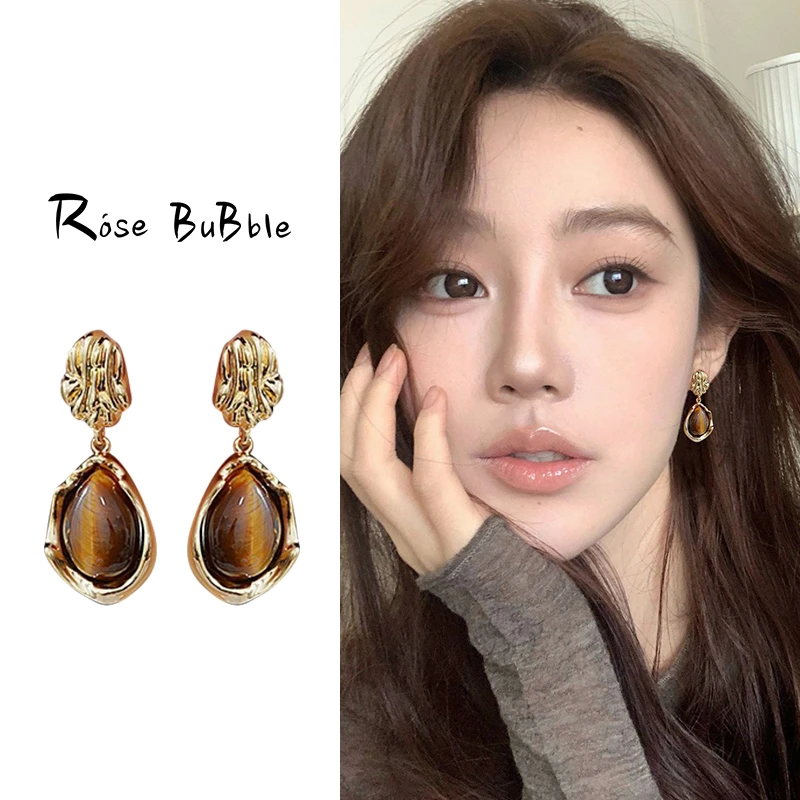 合金耳饰 复古美拉德虎眼石水滴耳钉女新爆款高级感气质耳环耳饰