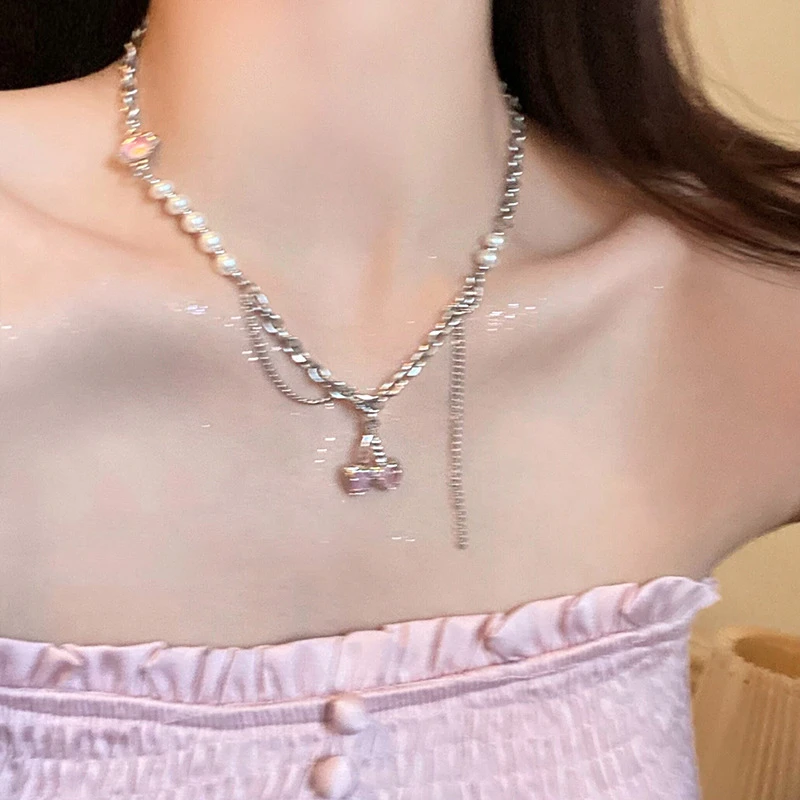 钛钢项链 甜酷风粉色樱桃项链女款拼接轻奢小众百搭锁骨链毛衣链