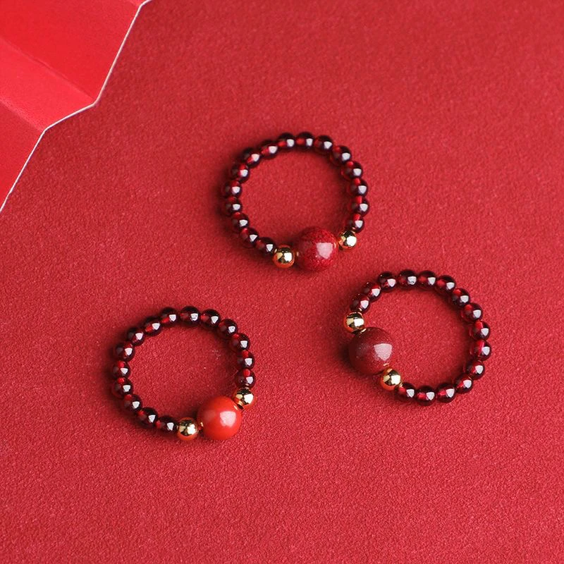 含辰砂工艺品吉祥编织戒指原矿朱砂玫瑰花天然石榴石女款指环珠