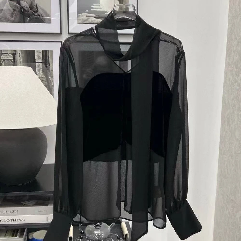 【Lei Jie】真丝丝绒拼接乔其纱百搭小衫「配飘带」9705