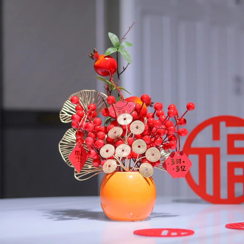 发财果红果仿真花摆设客厅装饰结婚乔迁礼物年宵花装饰过年摆件品