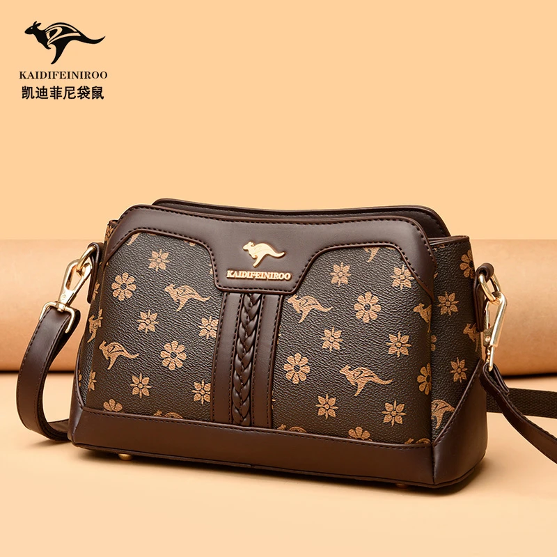 爆款正品时尚真皮百搭妈妈包简约印花休闲单肩包韩版复古斜挎包包