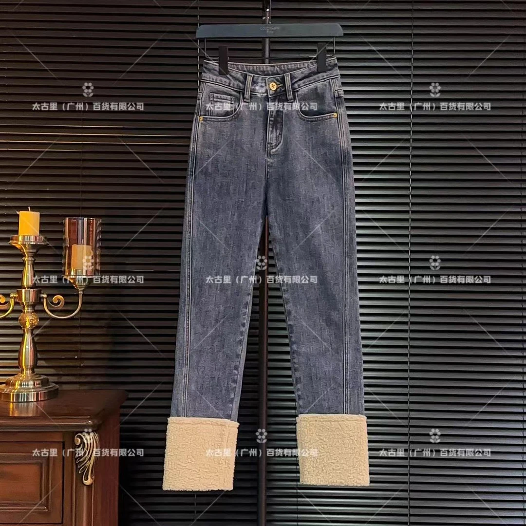 冬季上新丨秋冬新品&复古百搭拼接羊羔毛加厚直筒牛仔裤