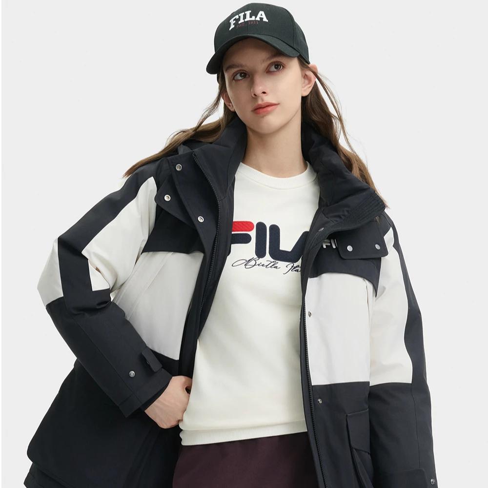 斐乐羽绒服24冬季新款拼色休闲宽松连帽外套F51W449903F