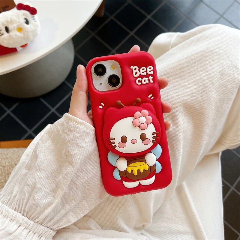 可爱红色蜜蜂凯蒂猫支架iPhone16苹果15适用13/14pro max手机壳11