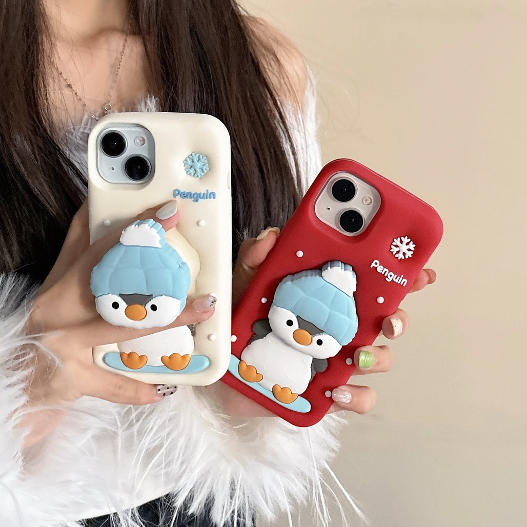 卡通可爱立体企鹅支架iPhone16苹果15适用13/14pro max手机壳防摔