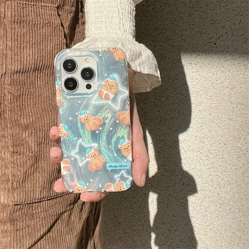 蓝色羽纱可爱星星小熊适用iphone15Promax苹果13/14手机壳11/12女