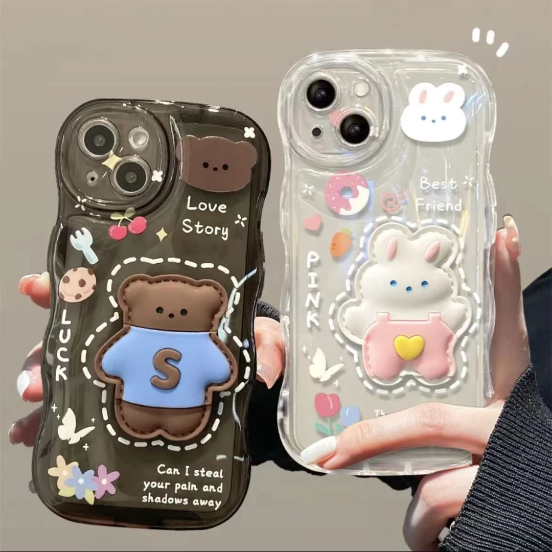 001【苹果/华为/oppo/vivo】卡通可爱小熊小兔全包防摔波浪手机壳