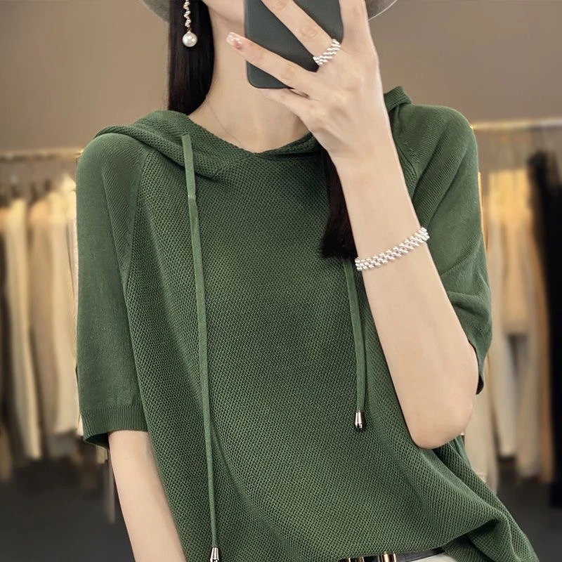 大码女装胖mm冰丝短袖t恤女夏季宽松连帽上衣洋气百搭打底针织衫