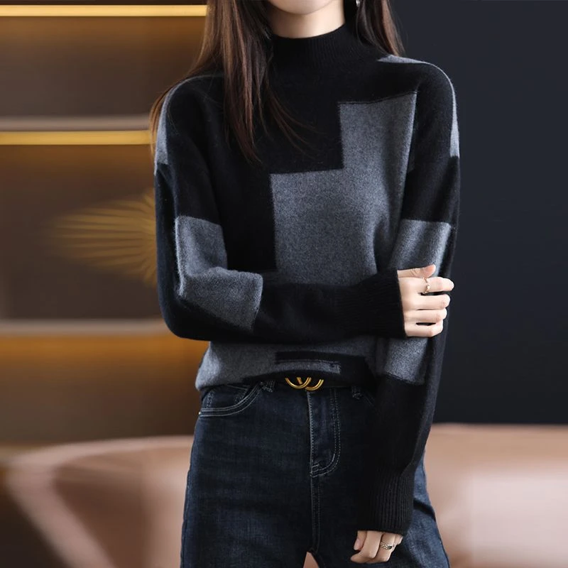 大码女装胖mm秋冬季半高领毛衣女宽松韩版大码遮肚上衣长袖针织衫