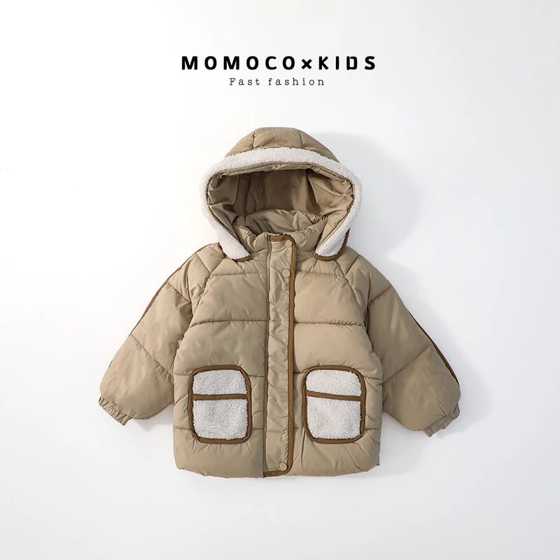 MOMOCO2023女童棉服冬季洋气百搭羊羔毛口袋连帽棉服71810101005