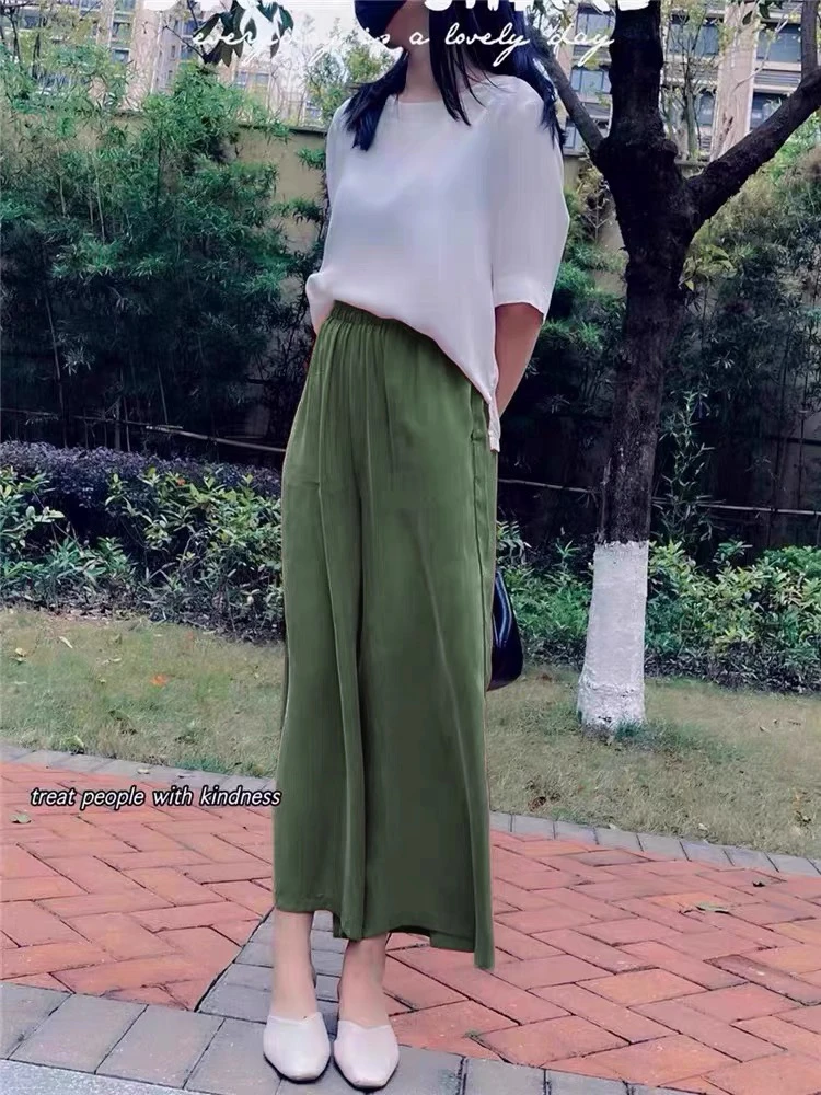 重磅真铜氨丝系带松紧腰飘逸窄版阔腿裤宽松裤显瘦高腰垂九分长裤