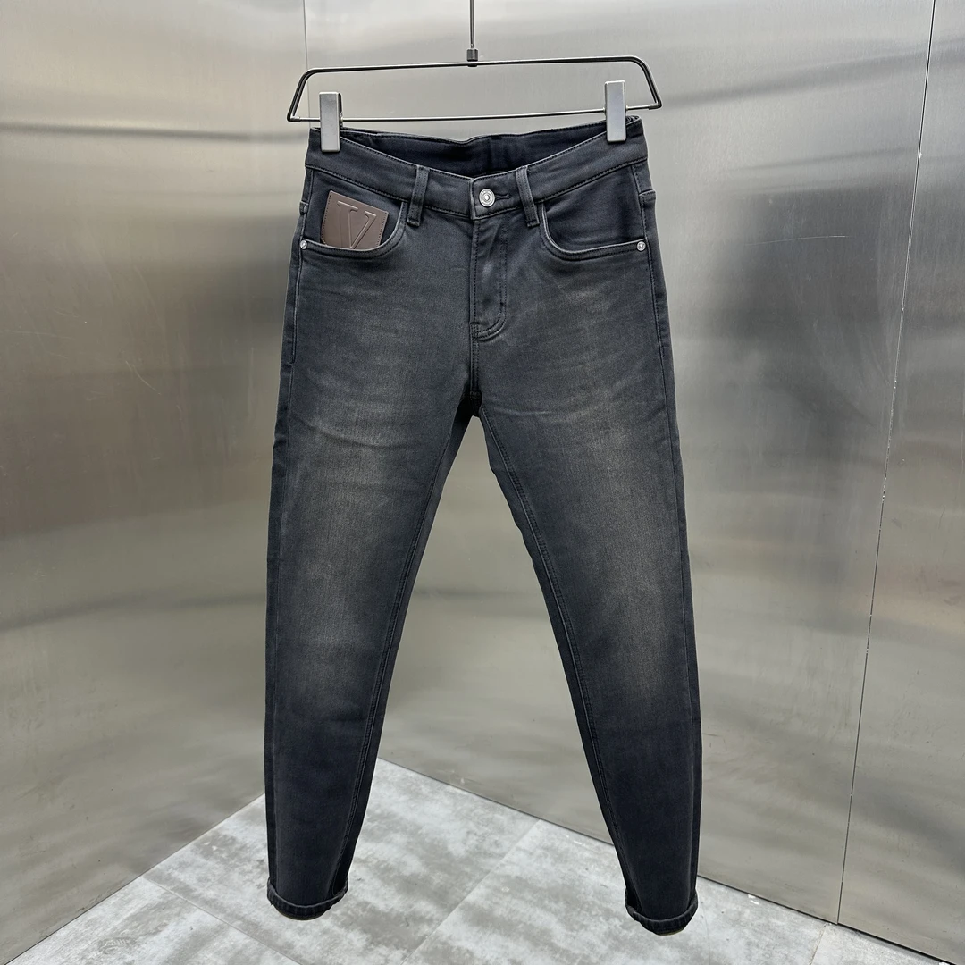 高端货 定制面料 水洗做旧黑色修身商务休闲 高弹力潮流牛仔裤男