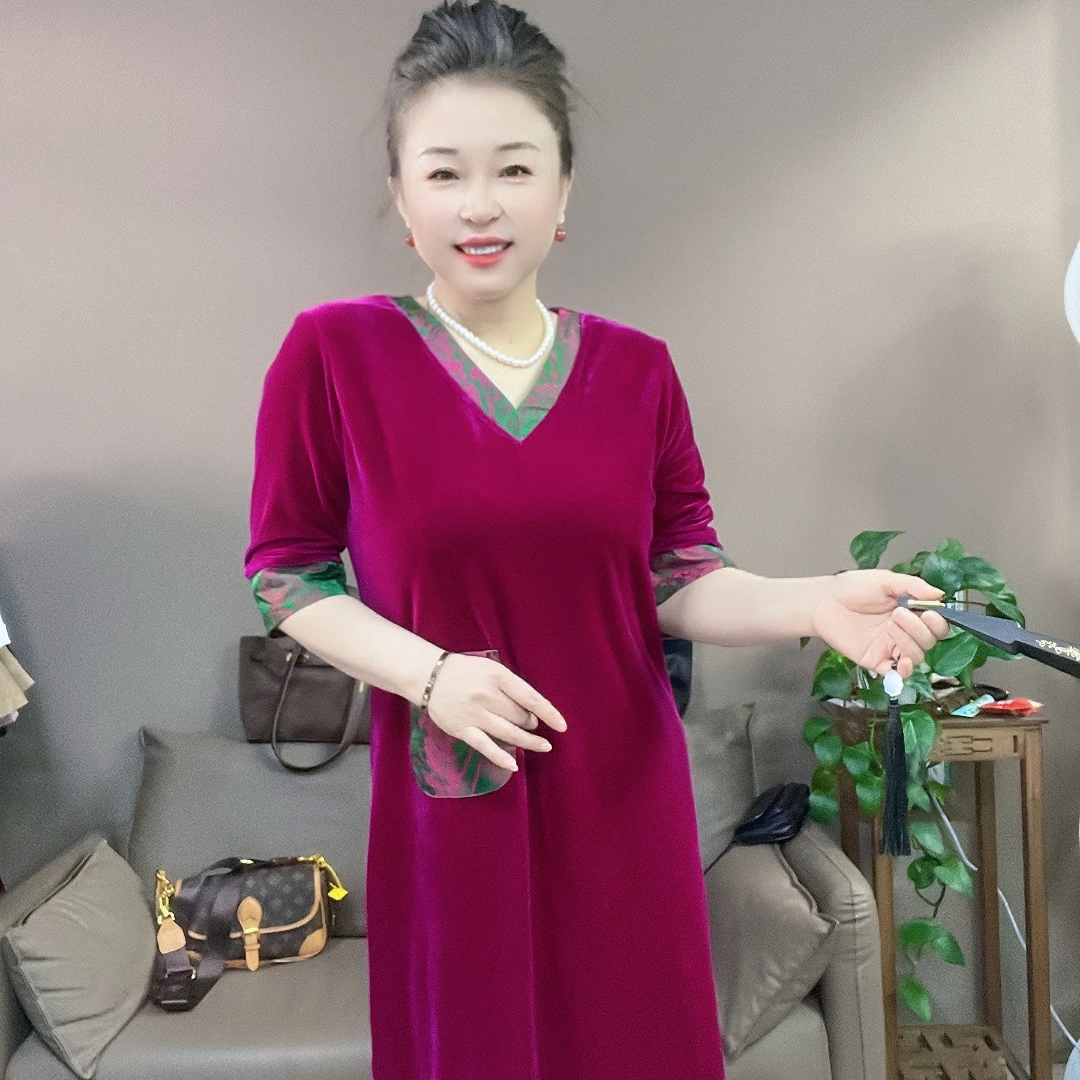 气质丝绒拼色国风连衣裙