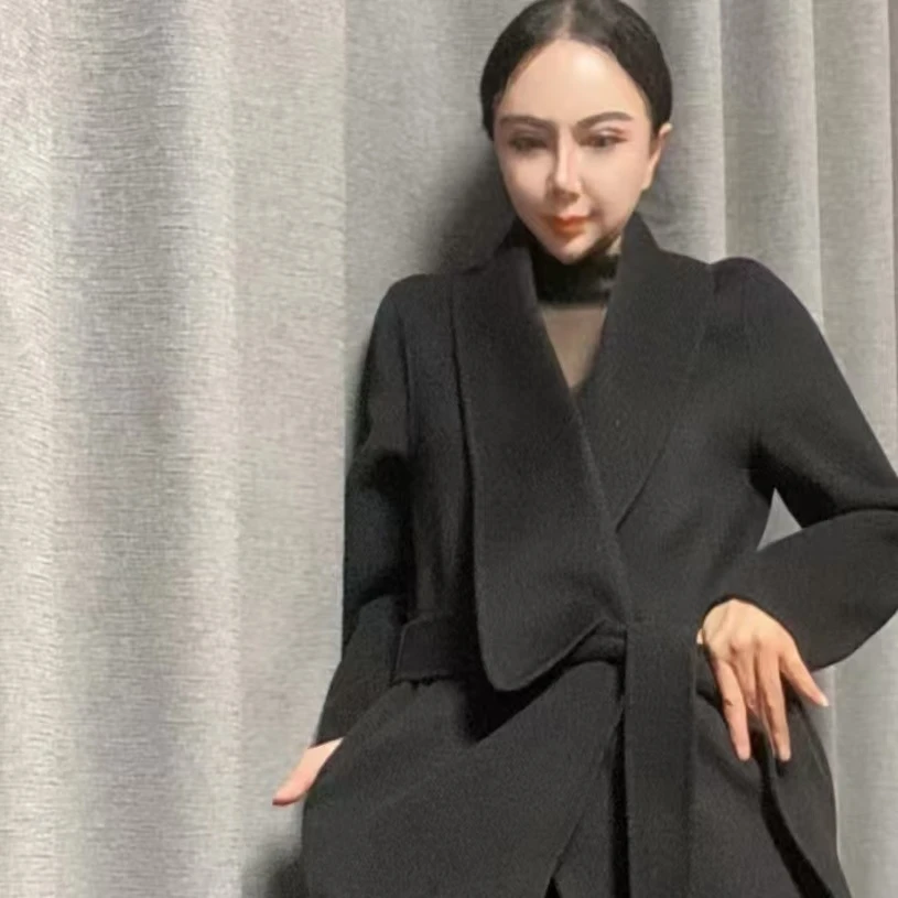 077黑色加长版狐仙外套大衣时尚网红气质设计师风衣高端双面羊绒