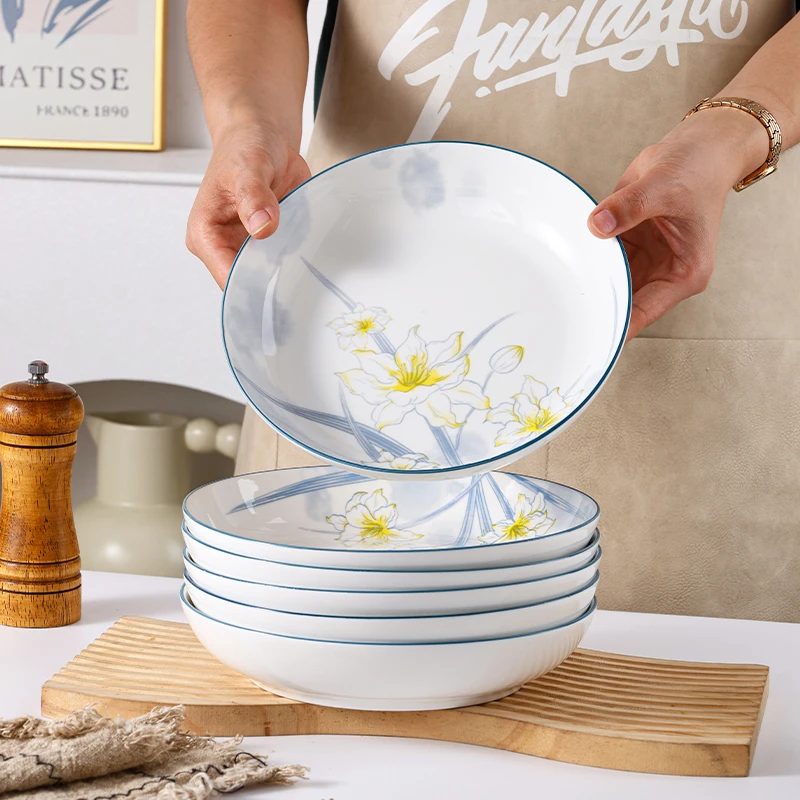 【7英寸盘水仙花6支装】新骨瓷家用陶瓷饭盘菜盘釉下彩工艺网红餐具