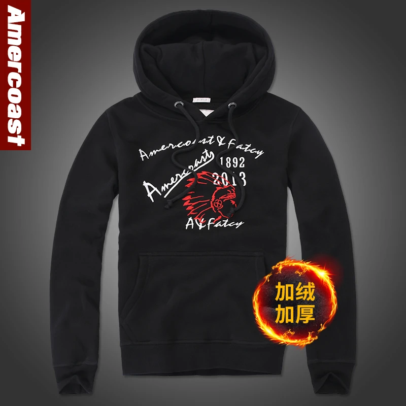 美洲海岸红色英文贴布绣花加绒摇粒绒收口连帽男卫衣秋冬休闲S107