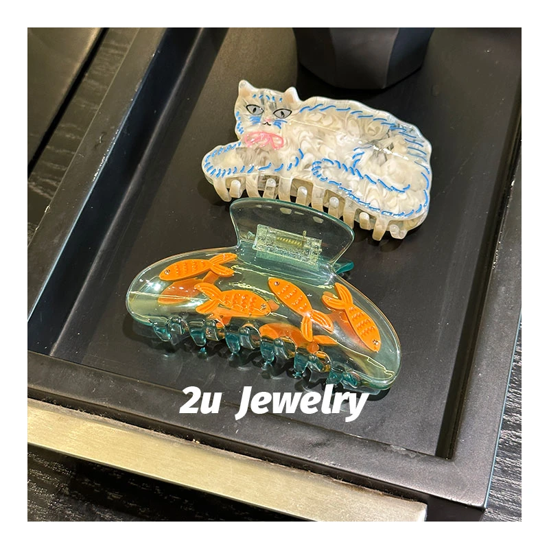 2U新款ins小众设计抓夹镶钻蓝色金鱼缸醋酸盘发鲨鱼夹猫猫发饰女