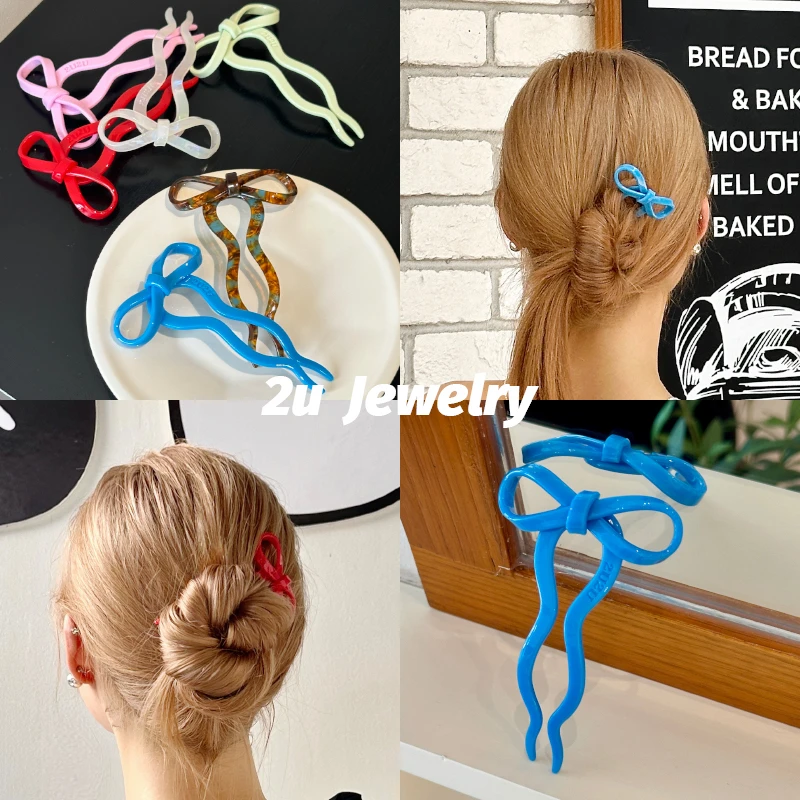 2u定制甜美蝴蝶结发簪盘发丸子头发饰醋酸ins新款波浪多色U型发钗