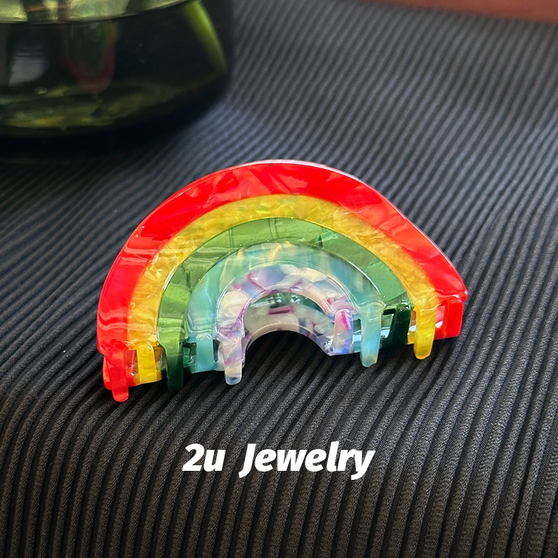 韩国ins小众半圆Rainbow拼接彩虹中号抓夹醋酸欧美盘发鲨鱼夹发饰