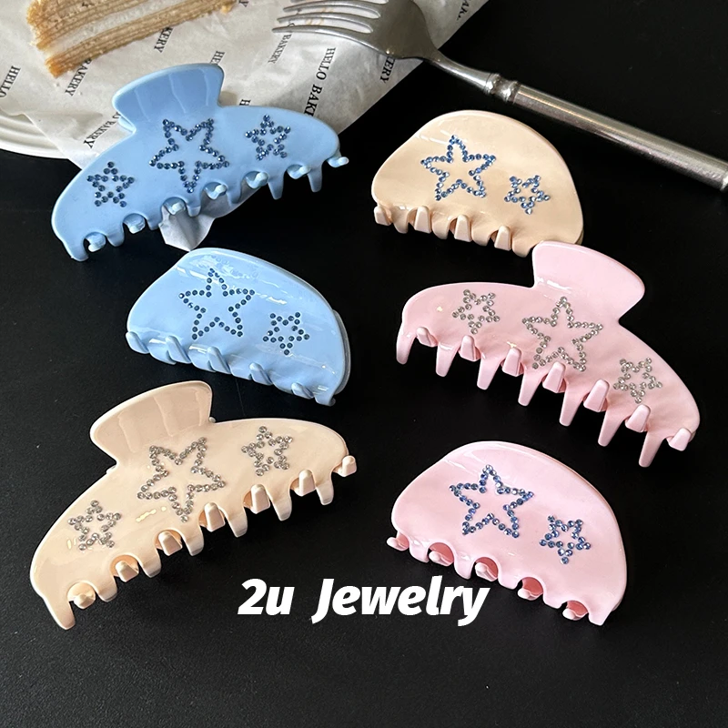 韩国ins新款镶钻星星半圆抓夹醋酸轻奢重工奶油色大号盘发鲨鱼夹