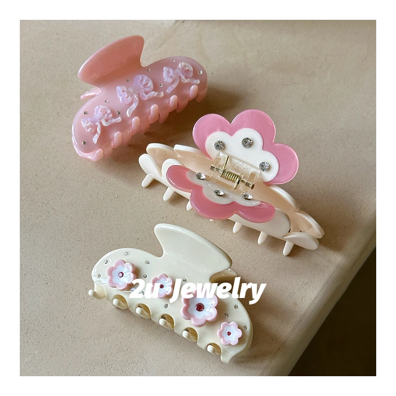 2UJEWELRY定制小众重工镶钻立体花朵抓夹emijay超仙轻奢鲨鱼夹女
