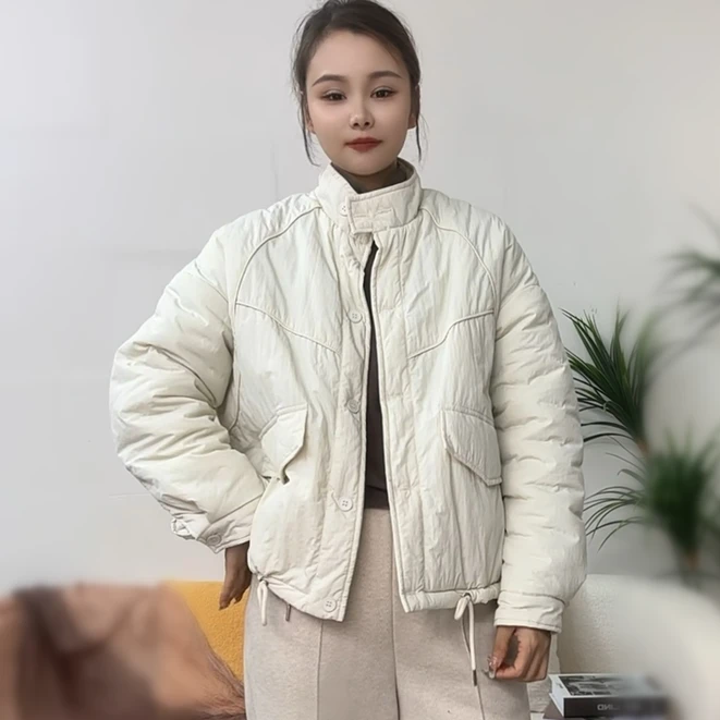 2024新款秋冬简约休闲百搭棉衣时尚短款纯色立领宽松棉服女款外套