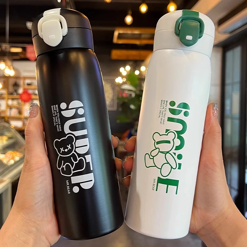 弹跳盖保温杯女生高颜值304不锈钢学生儿童水杯上学专用便携杯子