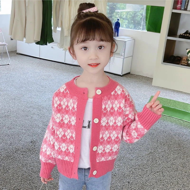 女童开衫毛衣外套洋气儿童针织线衣格子休闲女宝上衣直播K2260