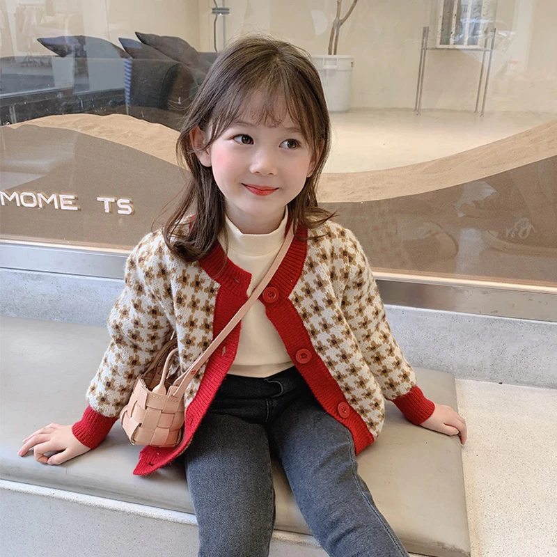1毛衣菱形彩色千鸟格针织衫外套儿童开衫女春秋宝宝秋冬洋气K2215